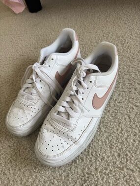 Nike Women's White Sneakers with Blush Pink Swoosh